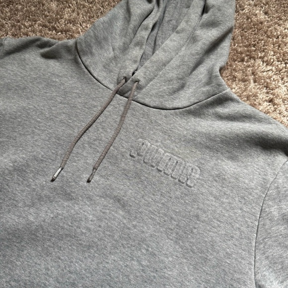 Puma Pullover Hoodie Men's Size L Gray Fleece Logo Sweatshirt Kangaroo Pockets - Picture 3 of 10